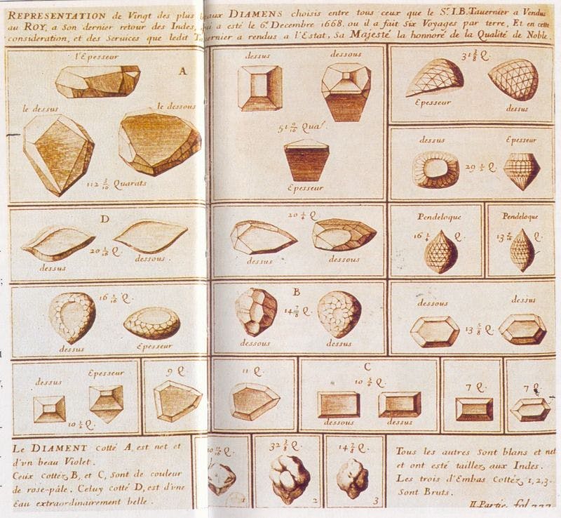 Tavernier’s sketches of the different gems he brought back to France from Golconda (Gem A is the Tavernier Blue Diamond)