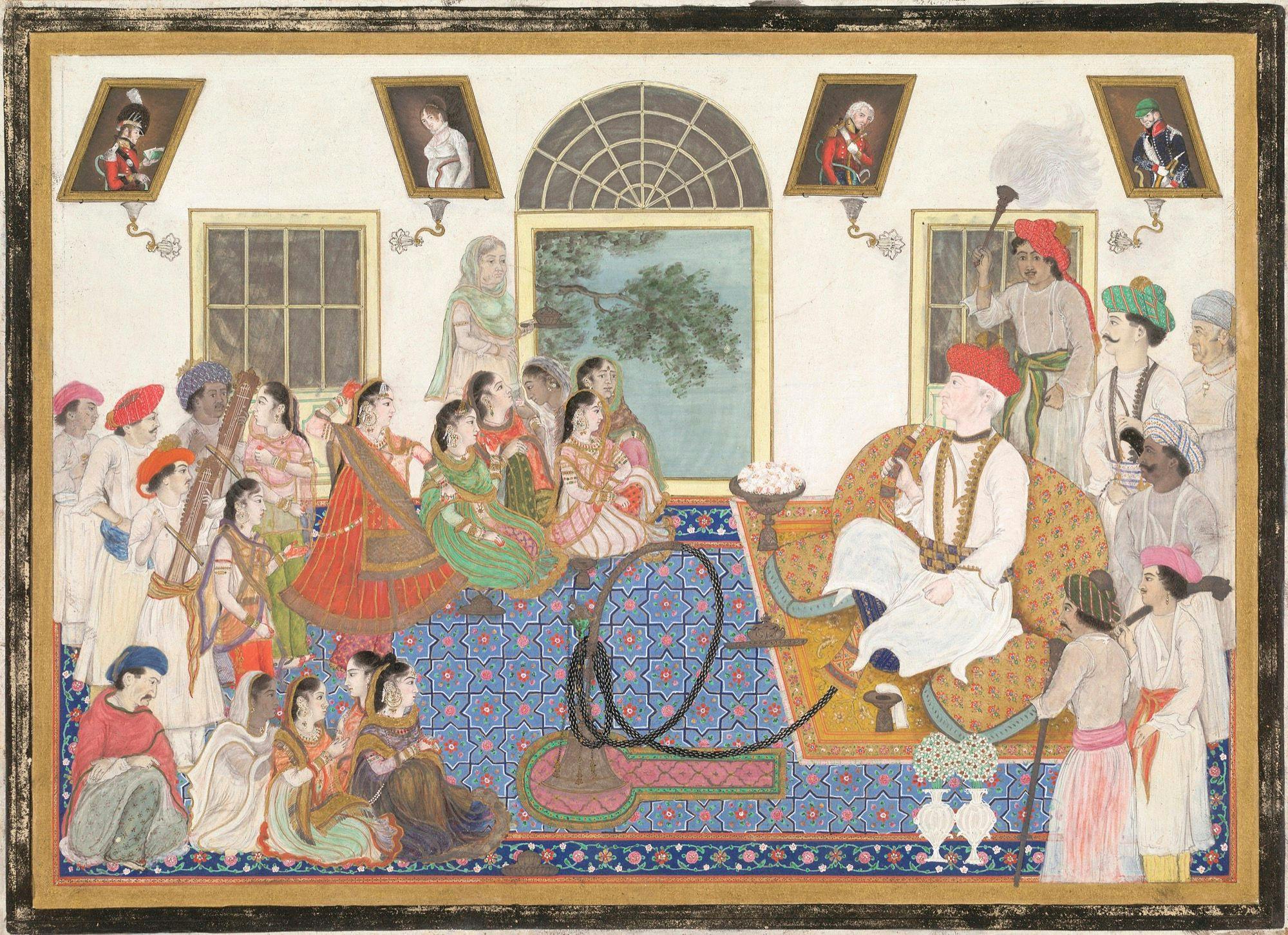 Sir David Ochterlony, British Resident to the Mughal court watching a nautch in his house in Delhi (c. 1820)