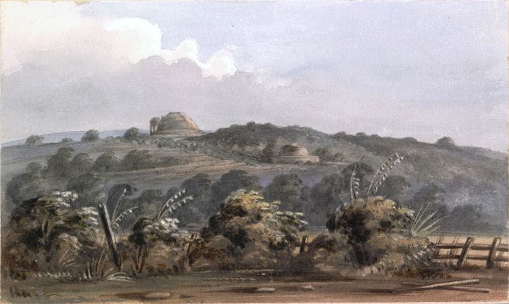 General view of the Stupas at Sanchi by F C Maisey, 1851