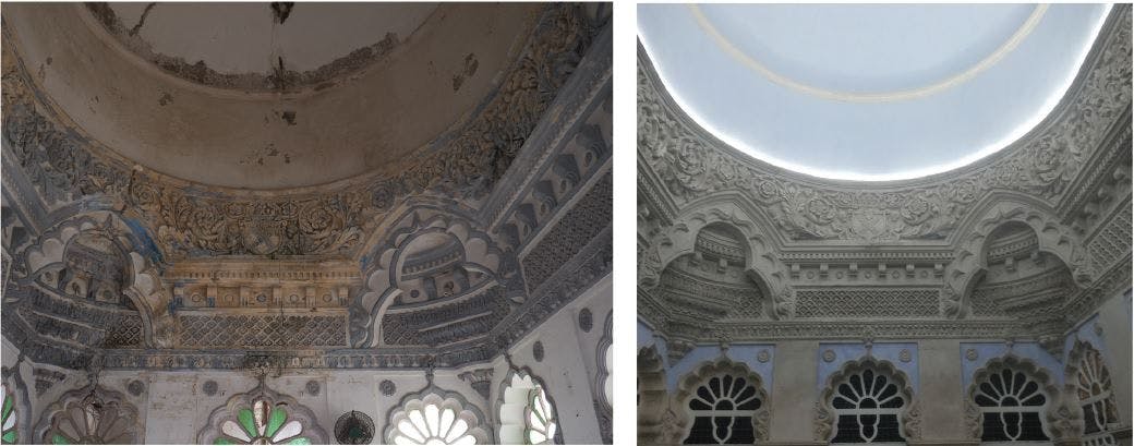 Interior of the dome, before and after