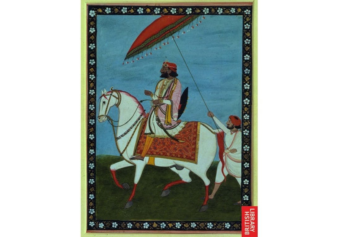 Maharaja Gulab Singh rides a decorated stallion, ca. 1840-45.