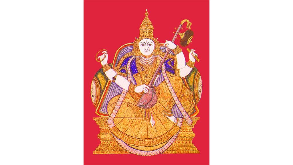 18th century Tanjore- style painting of Sarasvati, the Godless of learning, displayed in the library