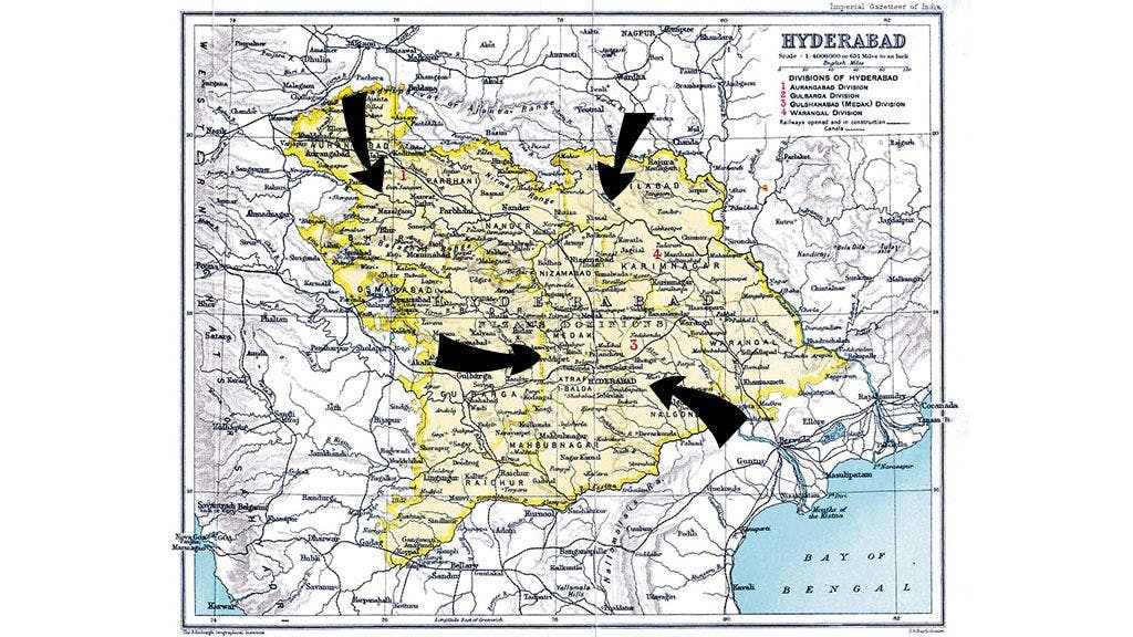 Map showing the directions from where the Indian Army entered Hyderabad