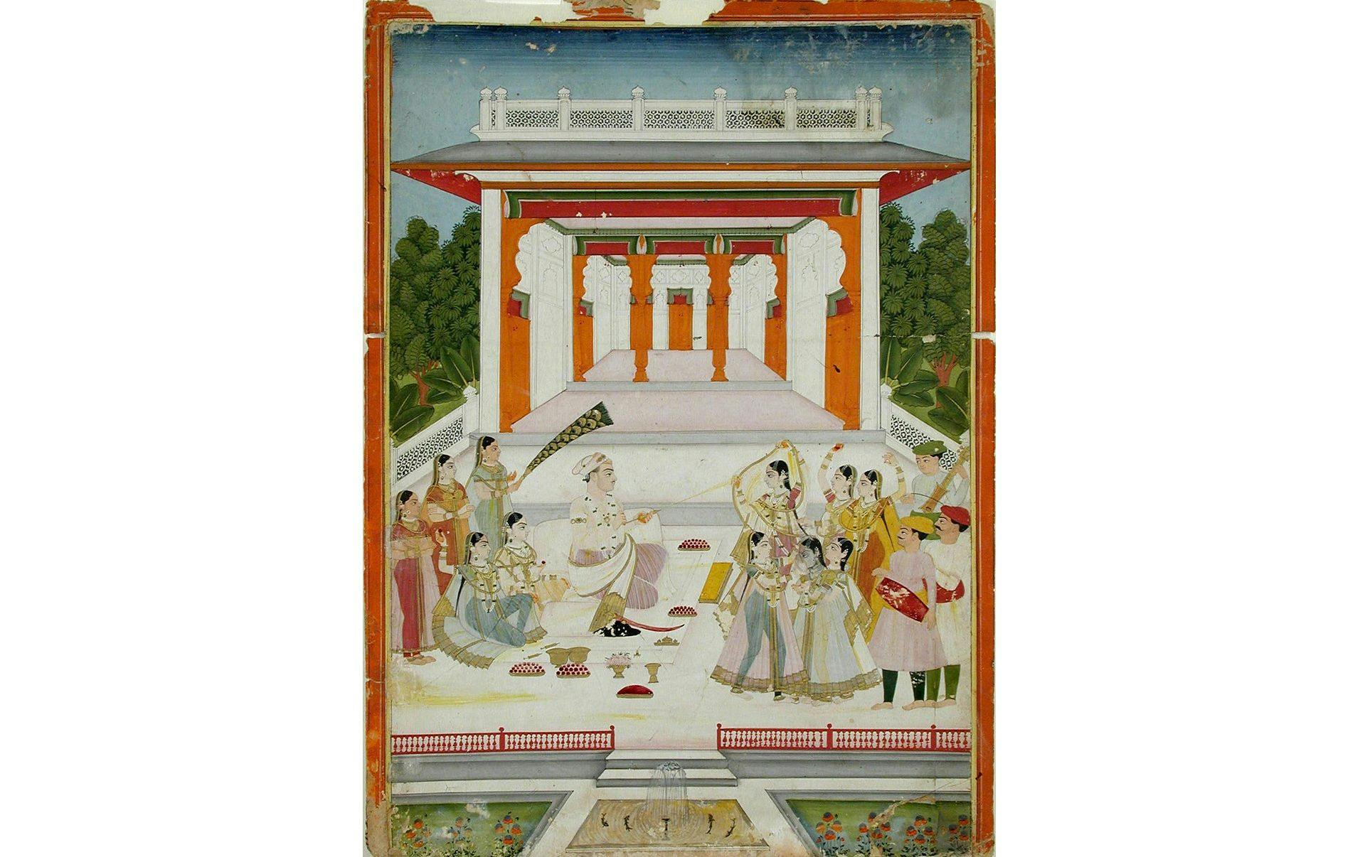 A Maharaja playing Holi with women near a garden pavillion, Deccani, 1765
