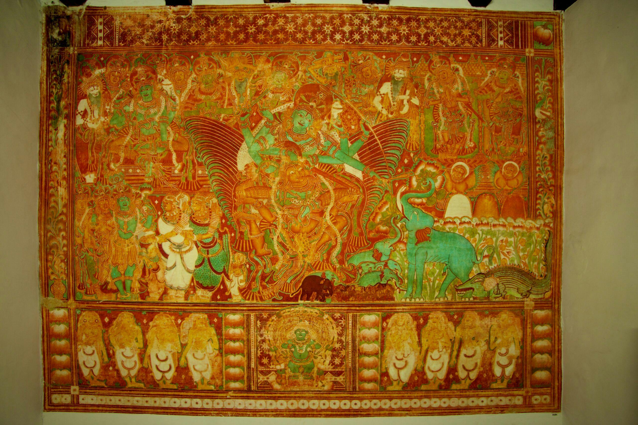 Mural depicting Gajendramoksham (an elephant saluting Lord Vishnu, as the other gods, goddesses and sages look on in reverence)