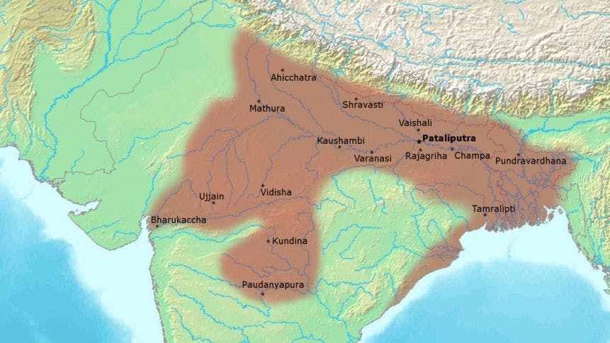 Possible extent of the Nanda Empire under its last ruler Dhana Nanda (c. 325 BCE)