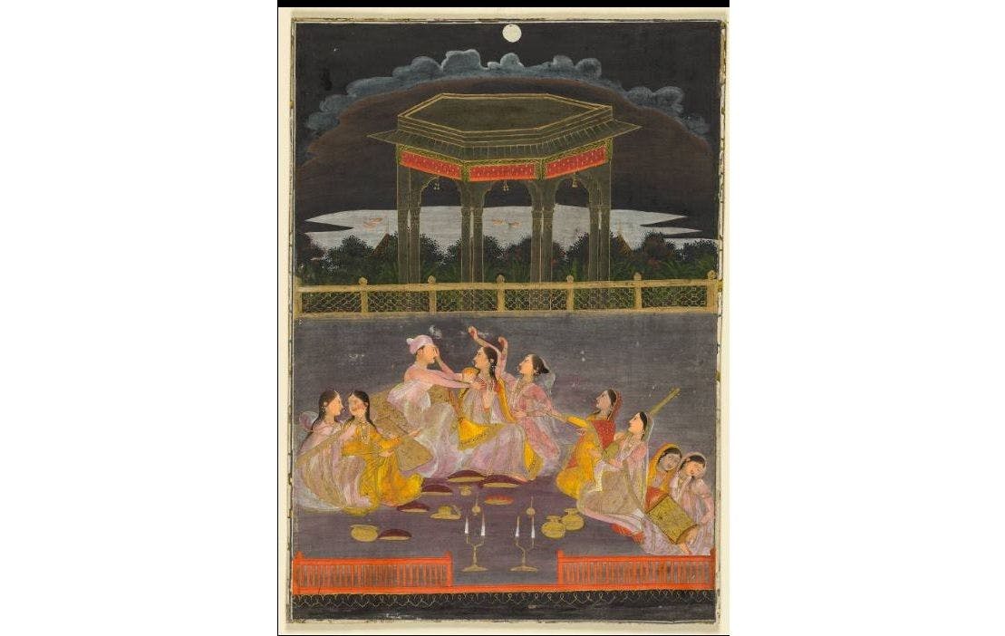 A prince celebrating Holi with his harem ladies, Farrukhabad Mughal, 1760