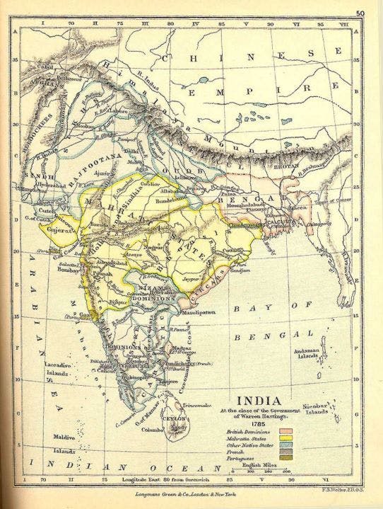 India during Hickey’s time, 1795, British territories (red) and Maratha territories (yellow)