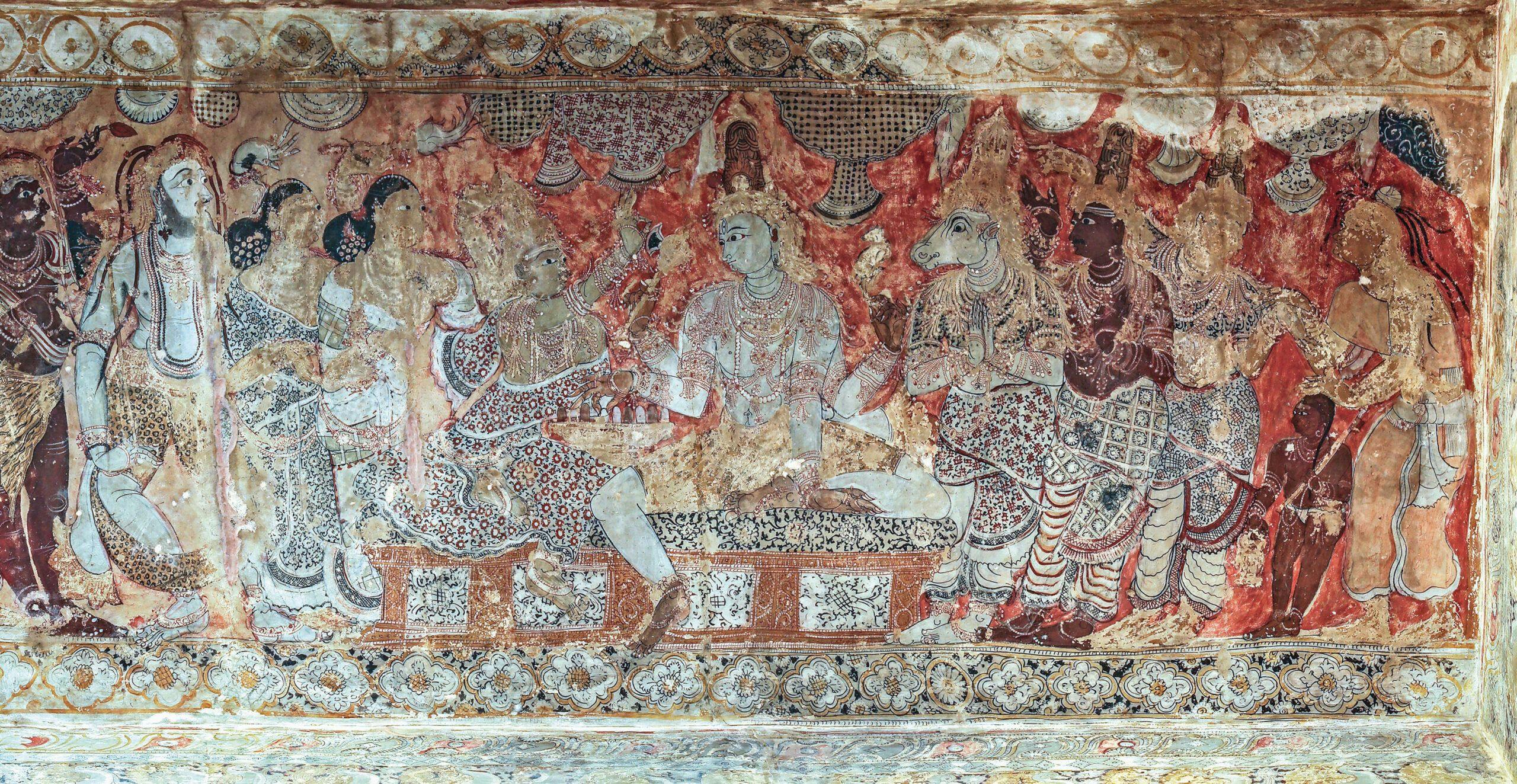 Panel A9, Scene 3, detail of 'Shiva and Parvati playing dice'