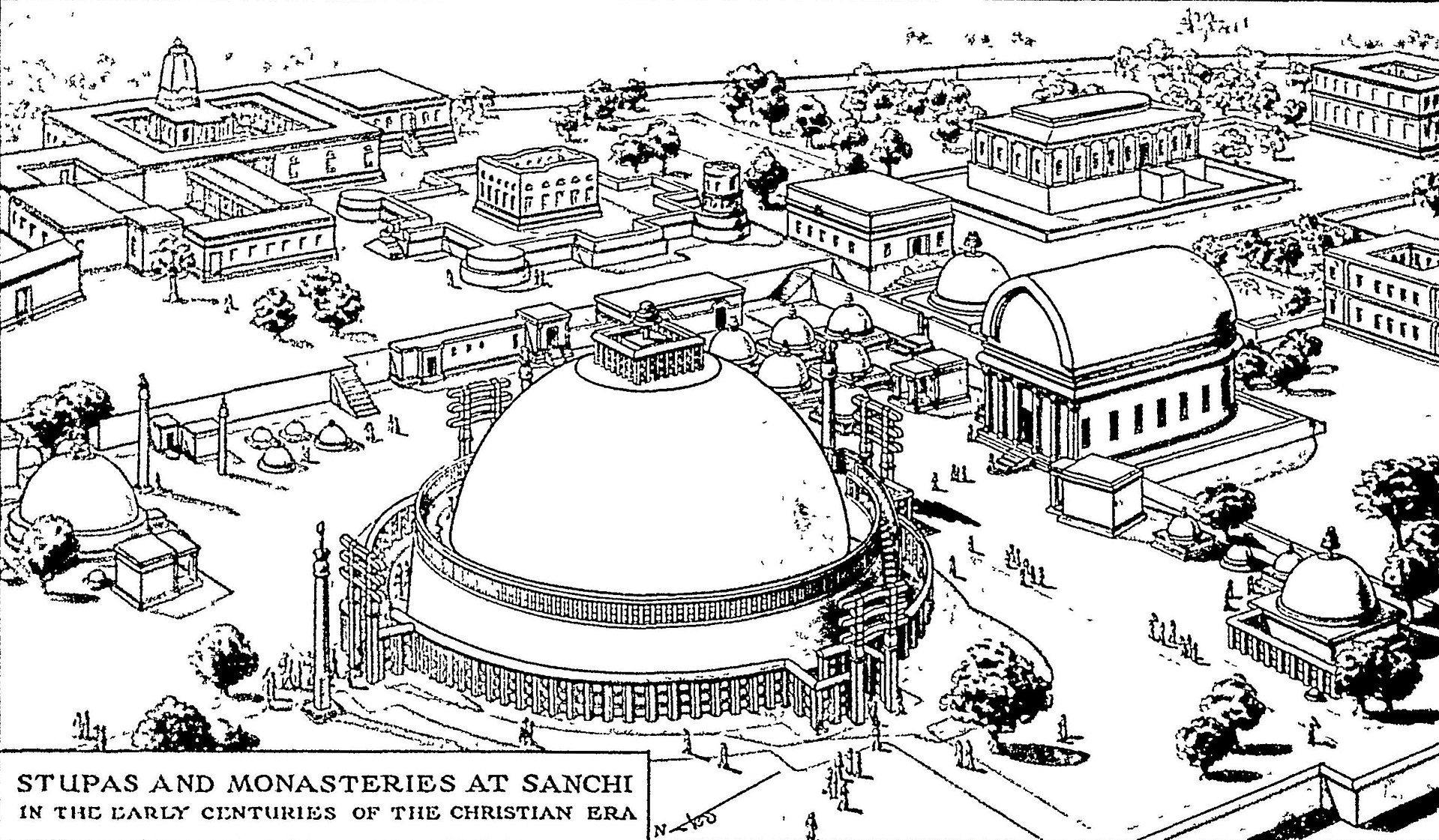 Stupas and monasteries at Sanchi, drawn by art historian Percy Brown (1900)