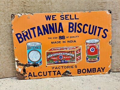 Vintage Enamel Sign 'We Sell Britannia Biscuits' Advertisement, 1920s
