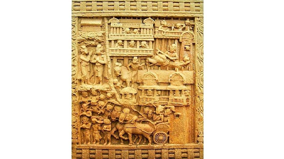 Depiction of King Bimbisara with his royal cortege in the city of Rajgir going to Sanchi