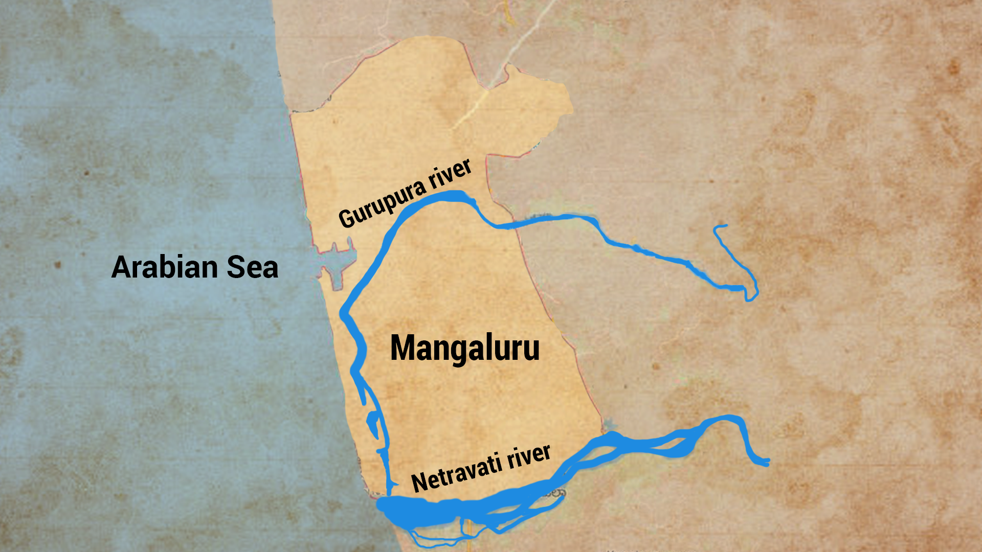 Outline of Mangaluru with the rivers