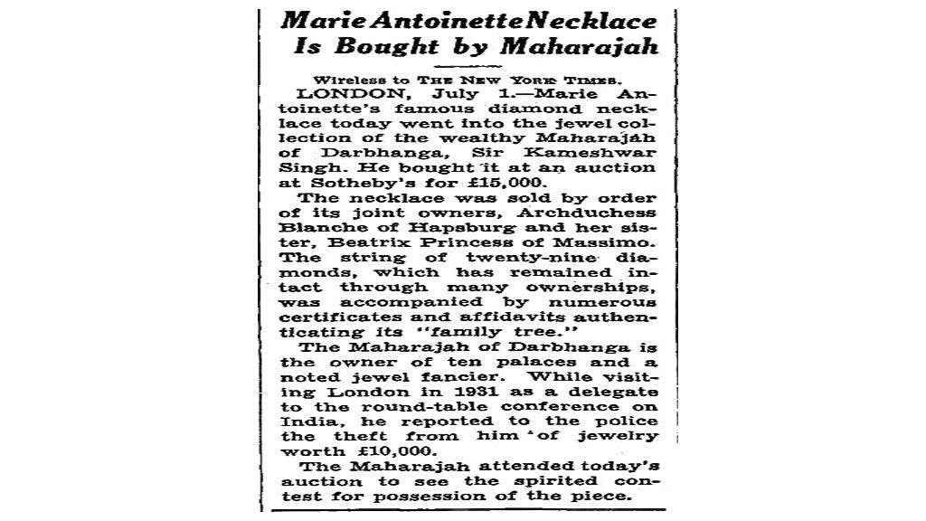 New York Times article on Marie Antoinette Necklace being bought by Maharaja of Darbhanga in 1937