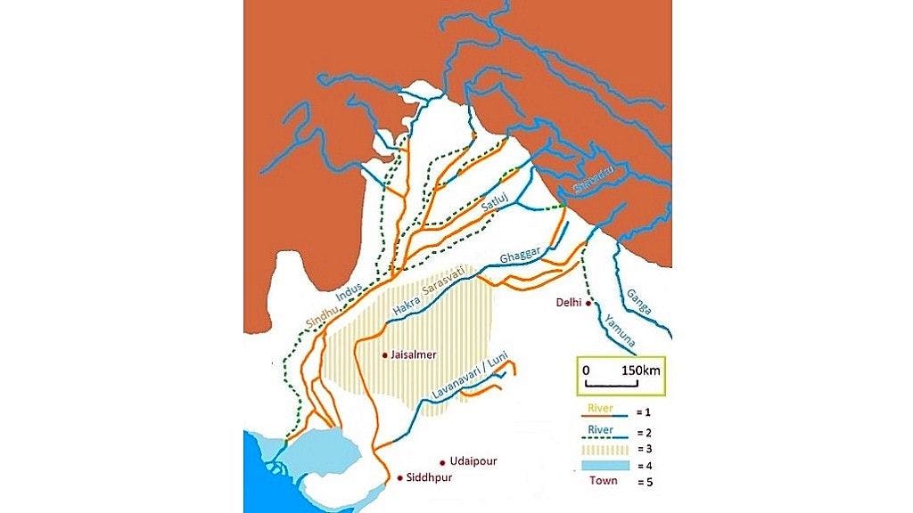 Representation of Saraswati River along with present-day rivers