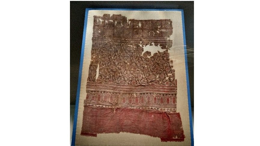 The oldest known piece of block printed Ajrakh cloth from Gujarat is believed to be around 600 &#8211; 800 yrs old from a grave in Cairo, Egypt. Now on display at the ‘India &amp; the World’ exhibition at CSMVS Museum in Mumbai