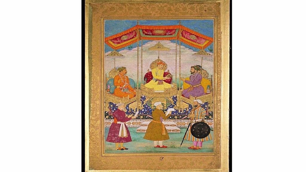 Portrait of Akbar, Jahangir and Shah Jahan along with their ministers