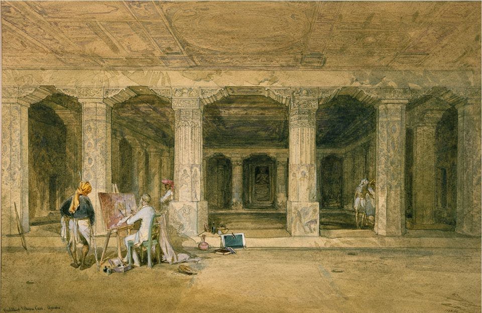 Painting of Robert Gill at the caves of Ajanta, by William Simpson, 1862