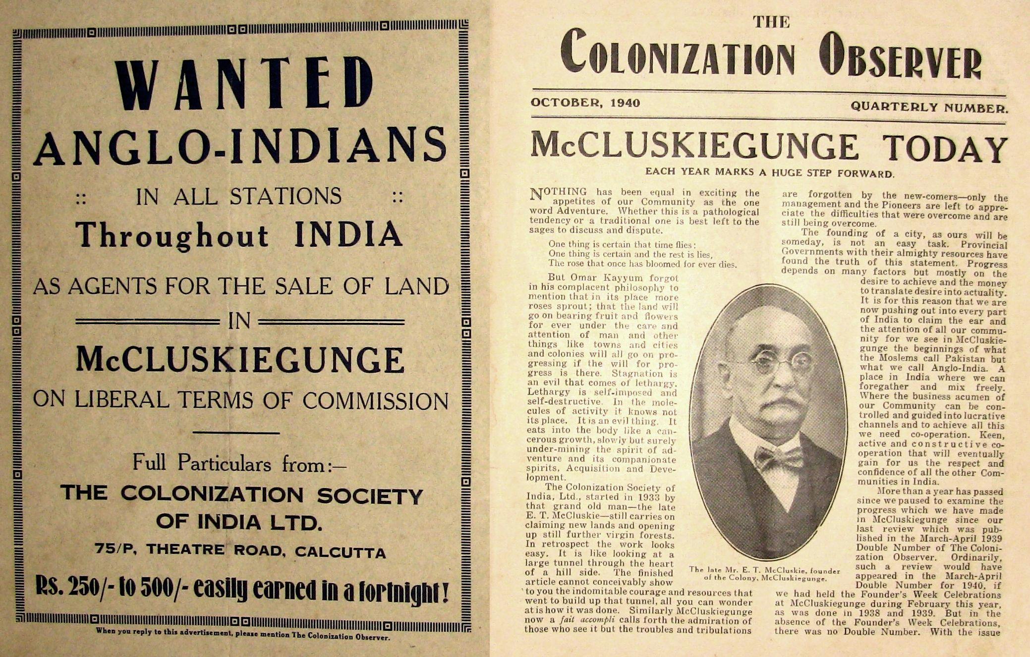 Advertisement for McCluskieganj and a photo of Ernest Timothy McCluskie (right)