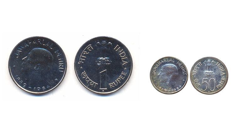Jawaharlal Nehru commemorative 1 rupee(L) and 50 paisa (R) coins