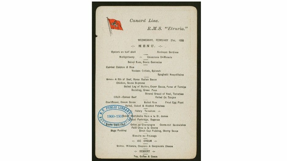 Mulligatawny soup on the menu for dinner held by Cunard Line at SS Etruria in 1900