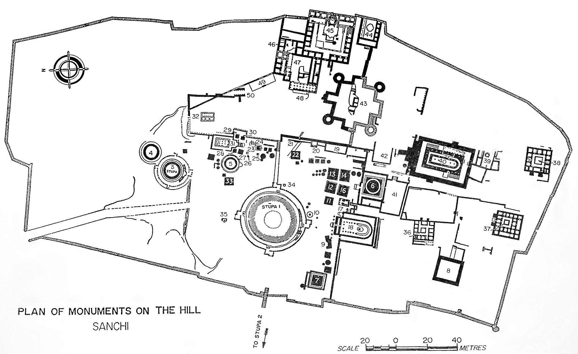 Plan of the monuments of the hill of Sanchi, numbered 1 to 50 