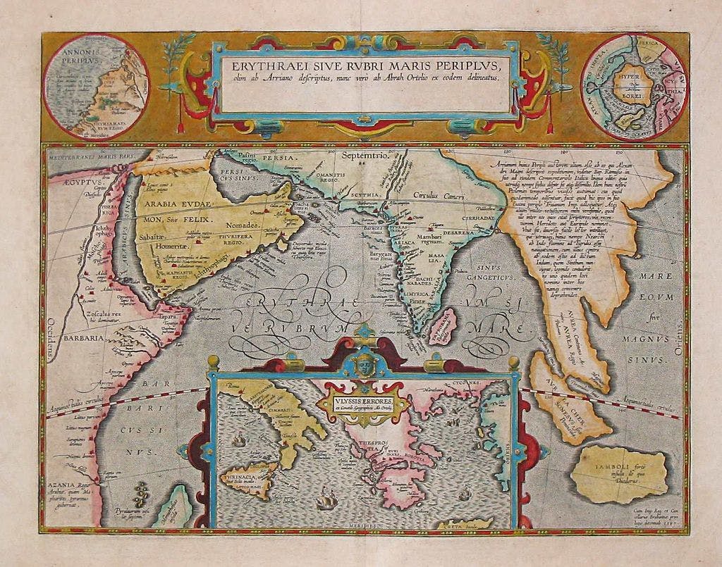 A 1597 map depicting the locations of the Periplus of the Erythraean Sea