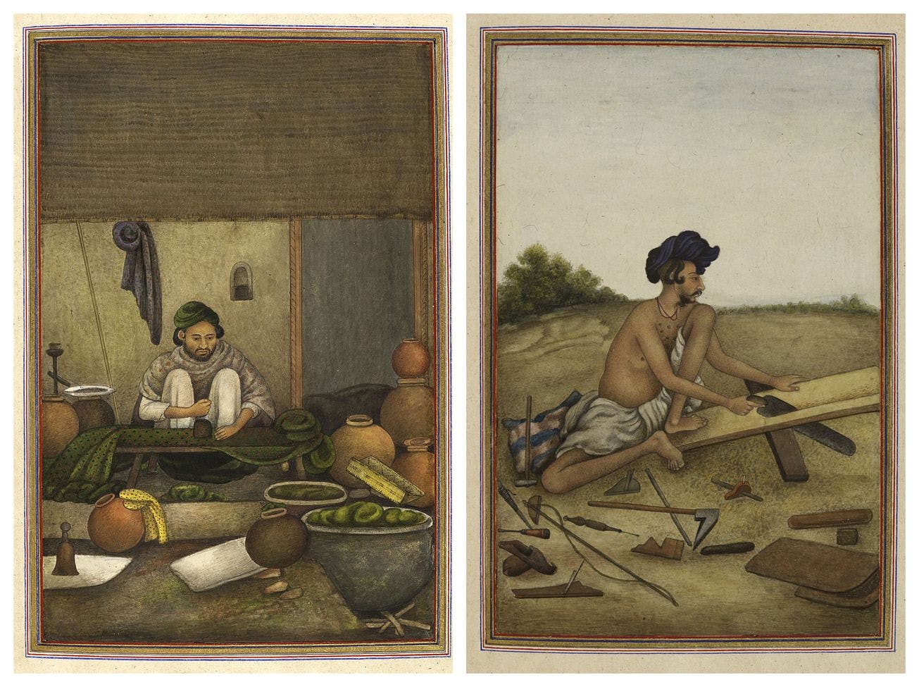 Commissioned portraits of a chipi (cloth printer) and a tarkhan (carpenter) in book Kitab-i-tasrih al-aqvam