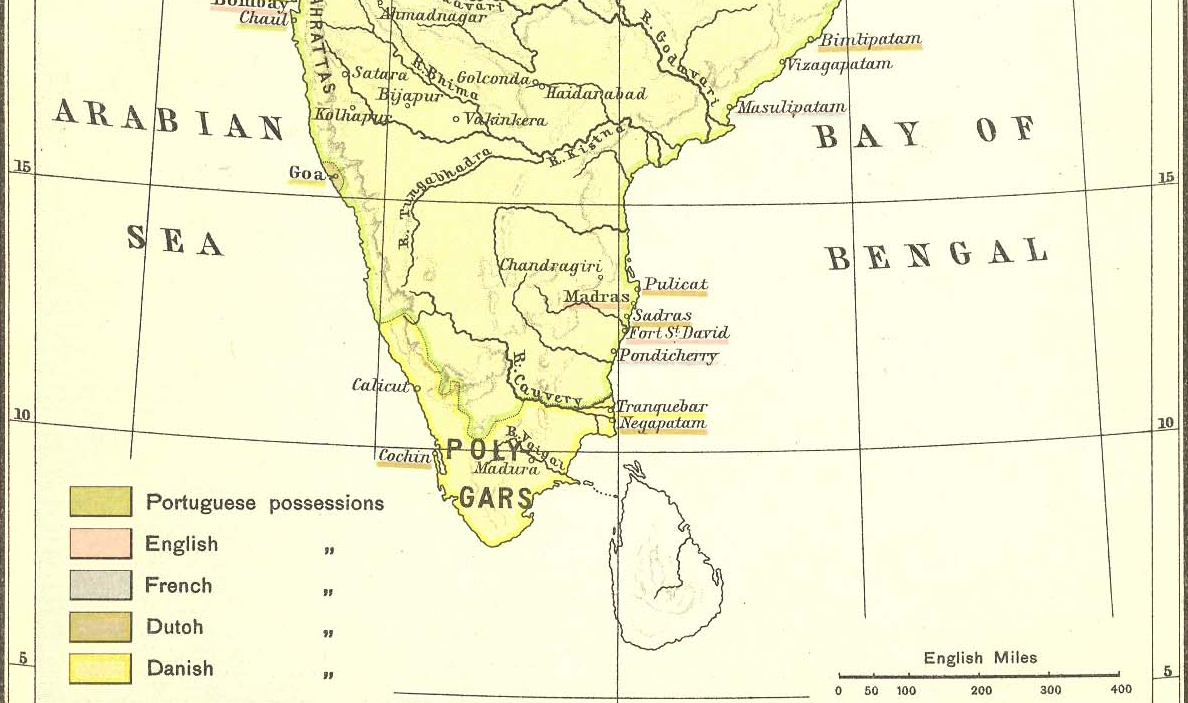 Map of India with region ruled by Polygars