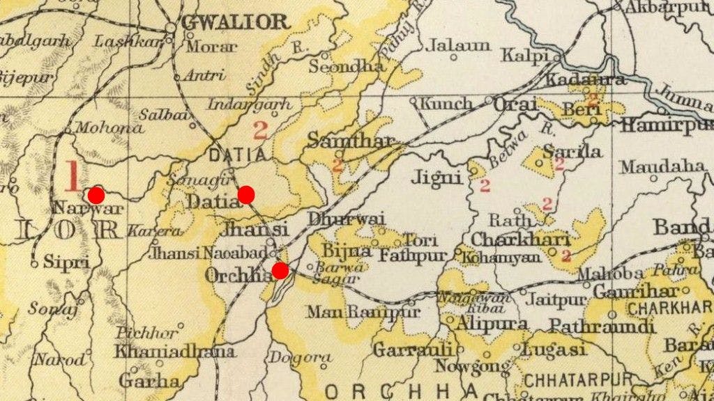 Map showing Orchha, Datia and Narwar (where Abul Fazl was murdered)