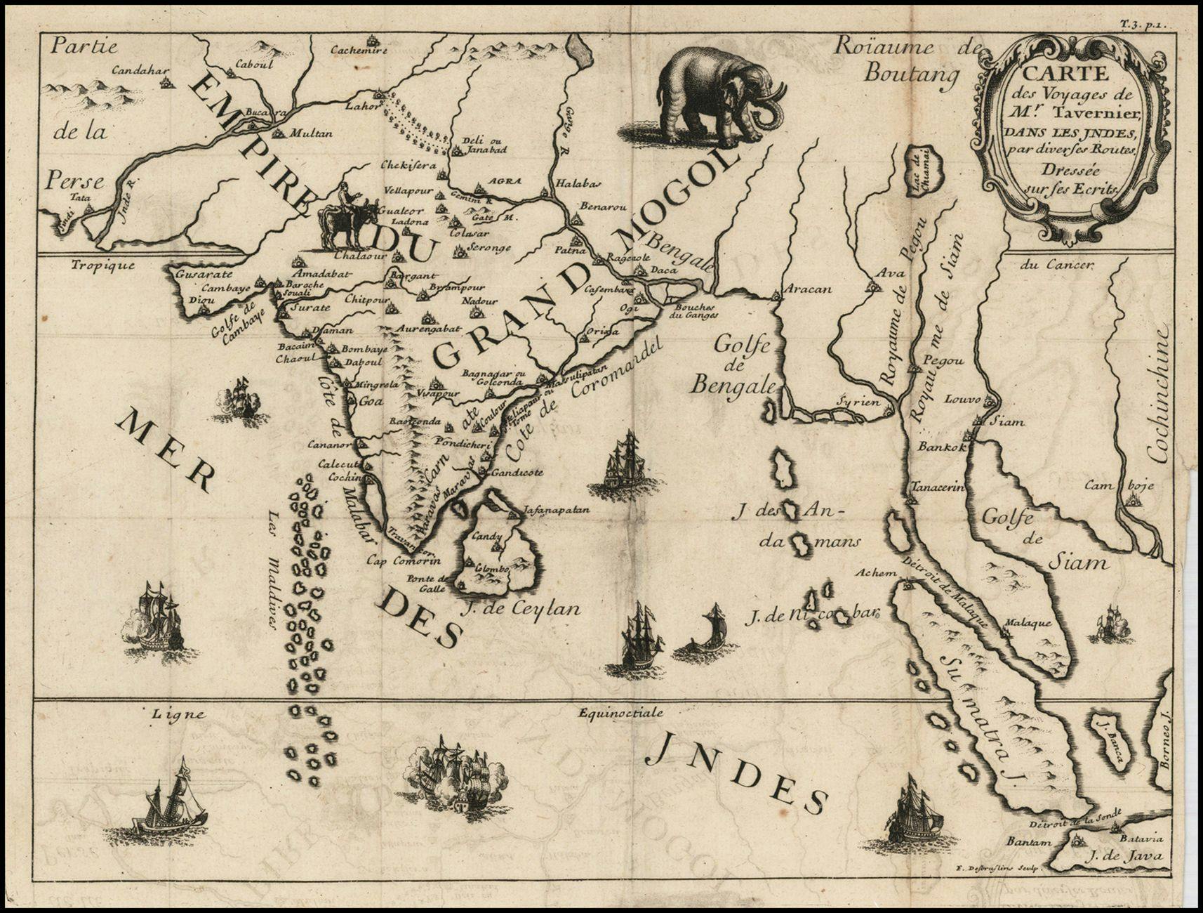 French Map illustrating Tavernier’s travels during his third trip to the East