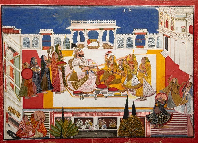 Portrait of Rawat Gokal Das celebrating Holi with his consorts,1808
