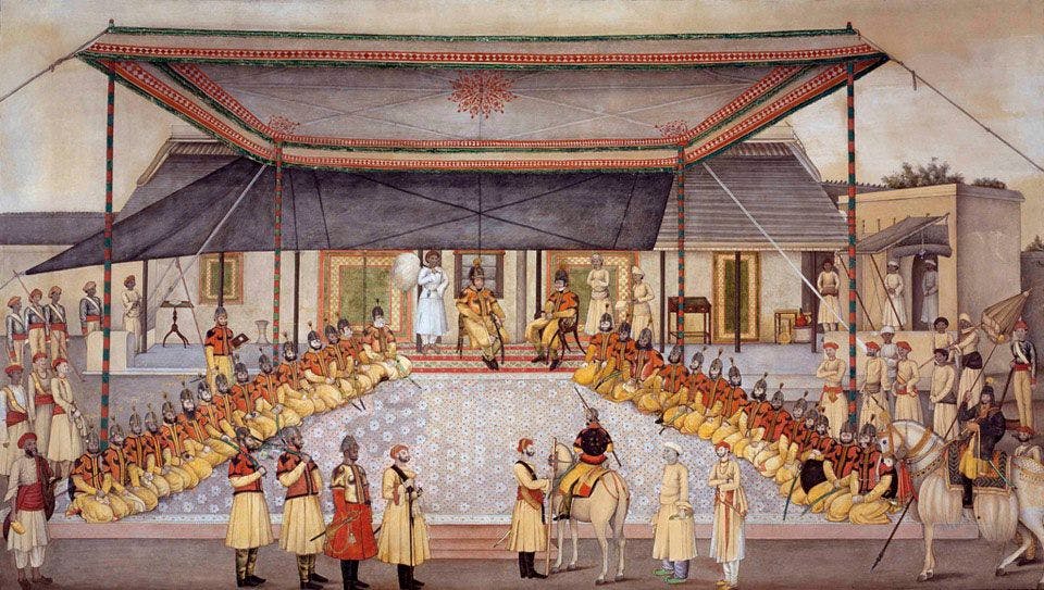 Colonel James Skinner holding a Regimental Durbar, painted by Ghulam Ali Khan, 1827
