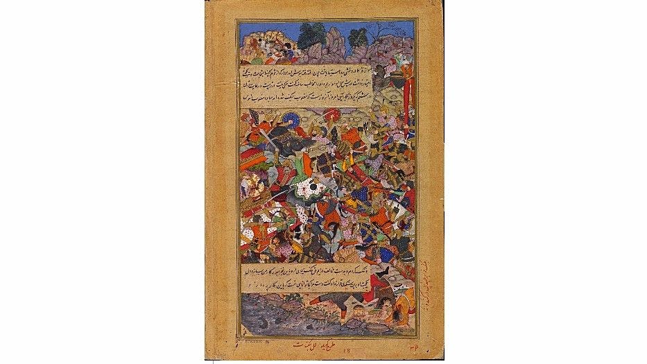 Painting by the Mughal court artists Kesav and Jagannath from the Akbarnama (Book of Akbar) depicts the heroic death in battle of Rani Durgavati c. 1590-95 CE