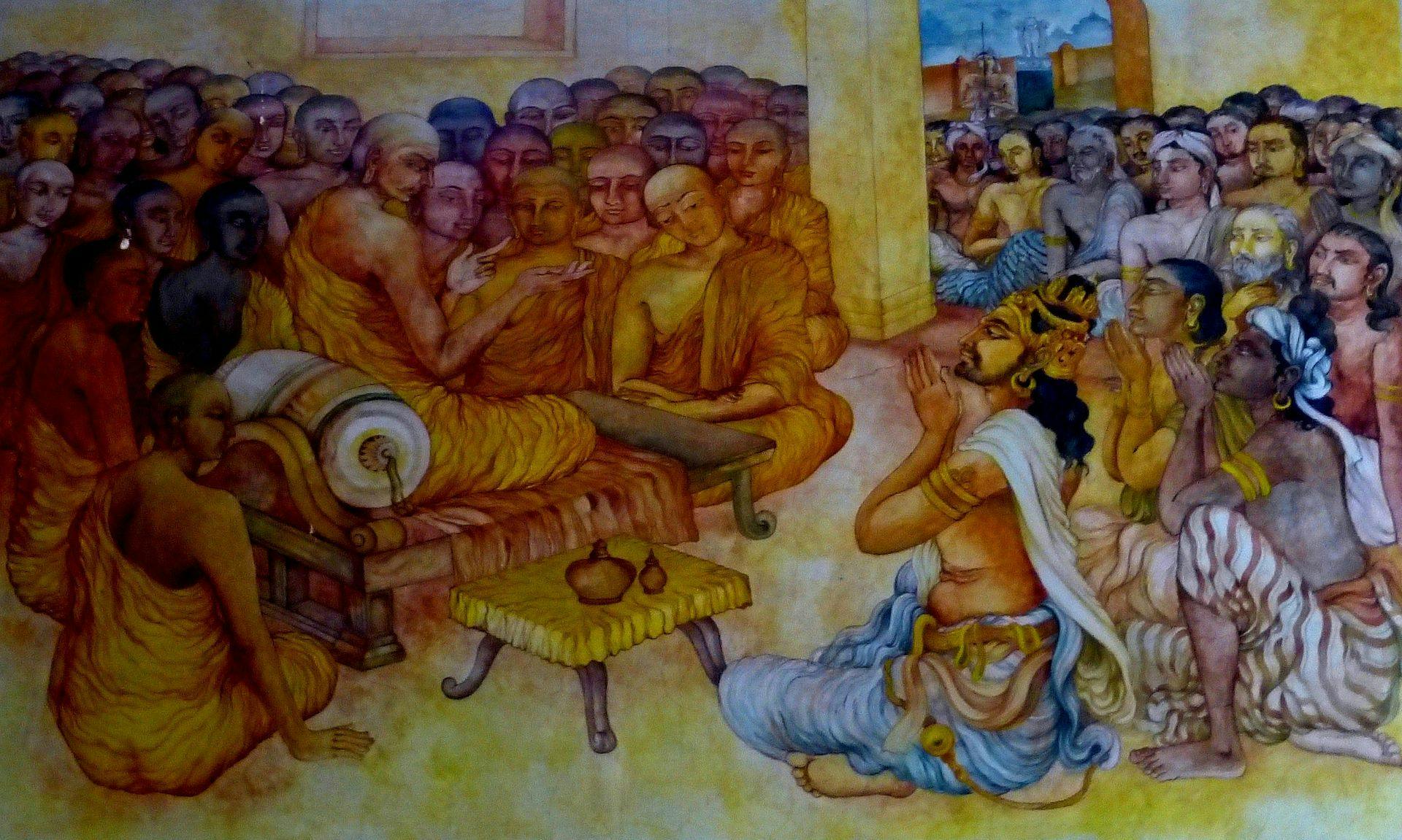 Artist’s representation of Ashoka with Mogaliputta Tissa
