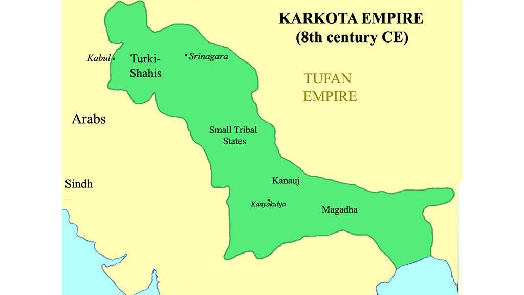 The supposed extent of the Karkota Empire in the 8th century CE according to the Rajatarangini
