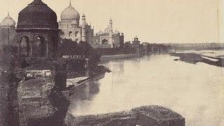Photo of Taj Mahal showing Aga Khan Haveli ruins, John Murray, 1858