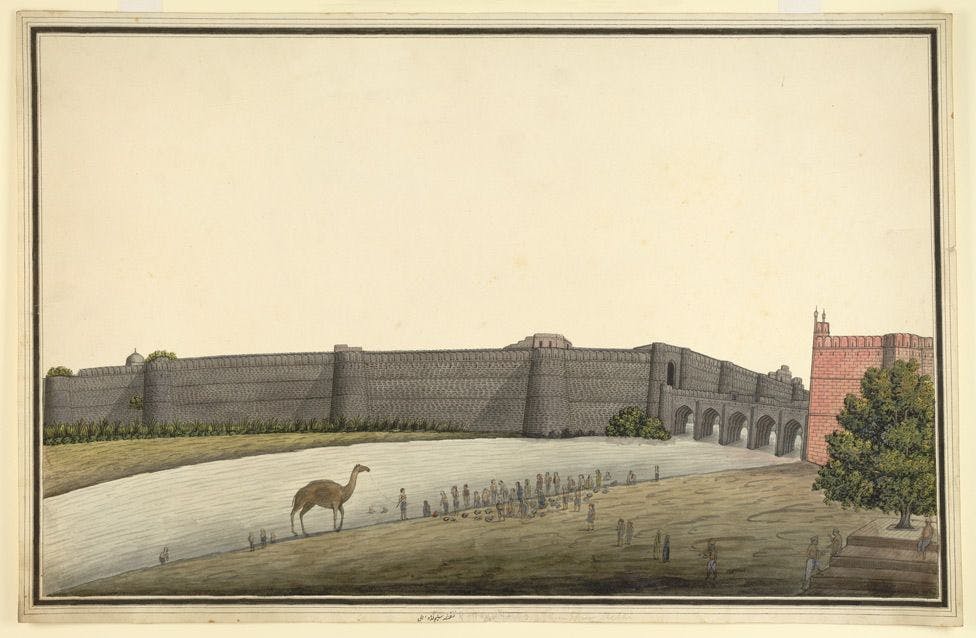 An old painting of the Salimgarh Fort, seen with Red Fort