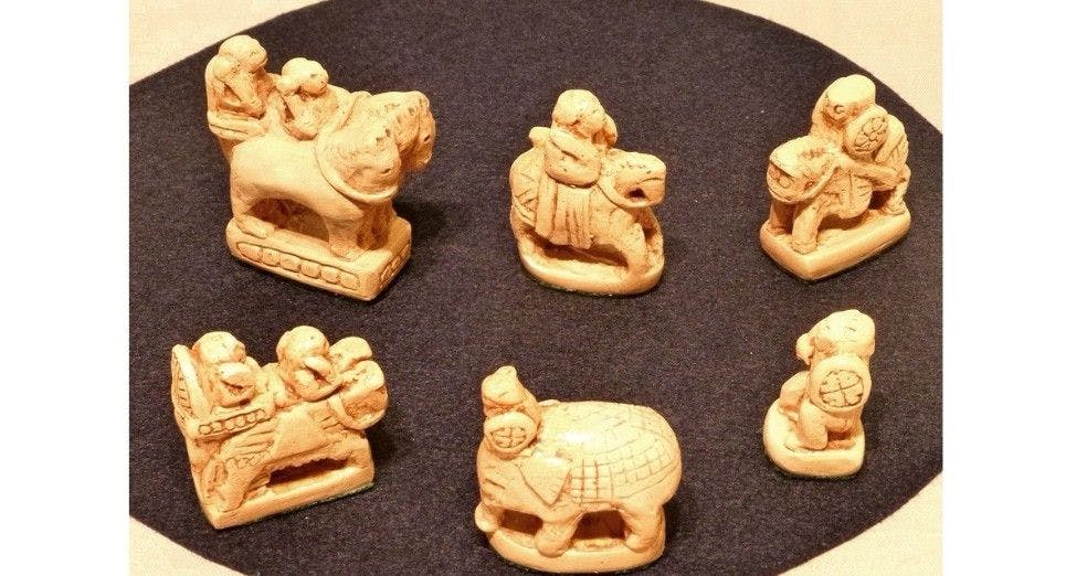 The oldest known seven ivory chess pieces found at Afrasiyab in Uzbekistan