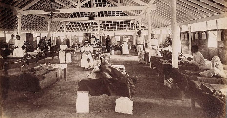 Interior of a temporary hospital for plague victims, Bombay