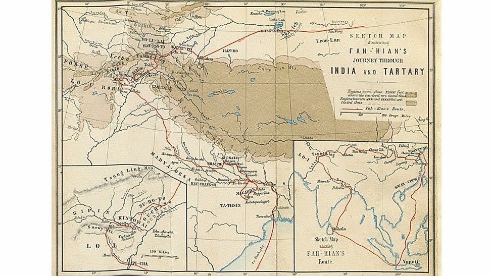 Travels of Fa Hien shown on a map